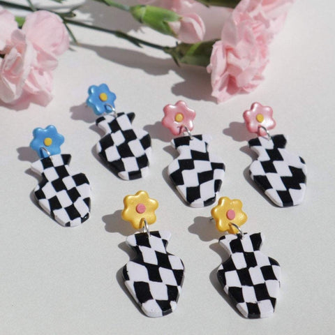 Checkerboard Flower Vase Earrings